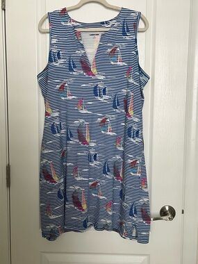 Lands' End Navy and White Striped Sailboat Print Sleeveless Dress